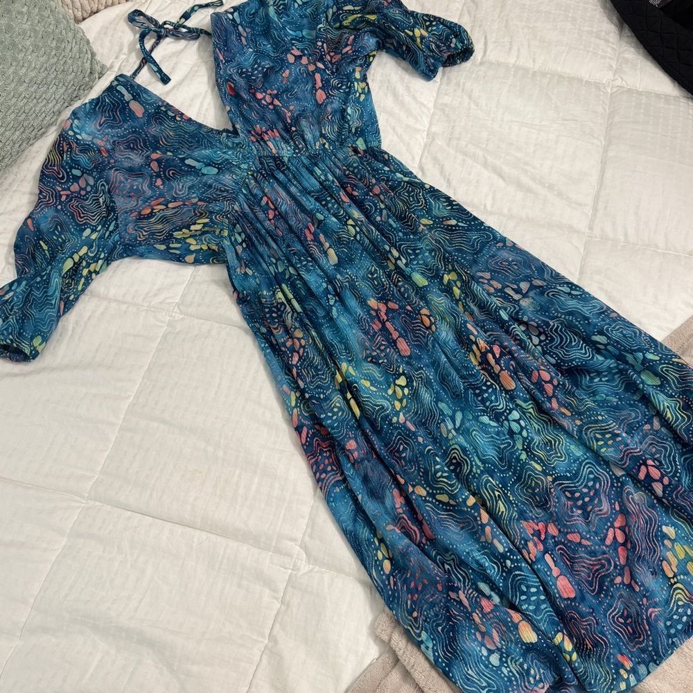 Go Fish Imperial Waist Double V Neckline Vibrant Blue Patterned Midi Dress- XS